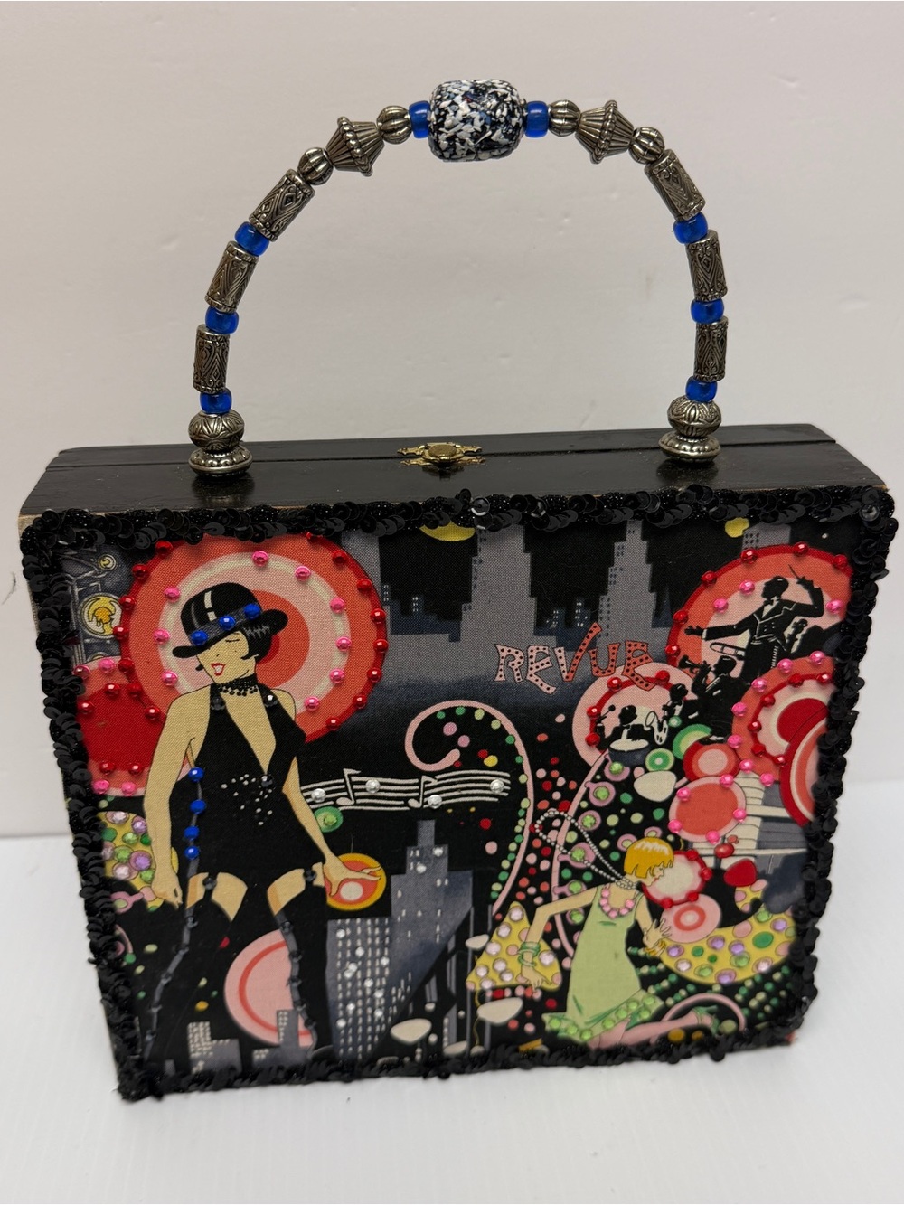 Vintage-Inspired Black cigar box Graphic Beaded Handle Box Bag